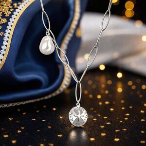 Silver Stainless Steel Lariat Necklace Paperclip Chain Faux Pearl Coin Charm